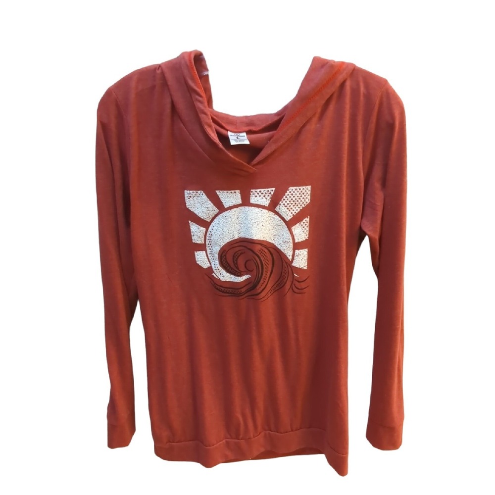 Cherryloom‎ Junior women's L Large hooded shirt hoodie red wave sun banded waist